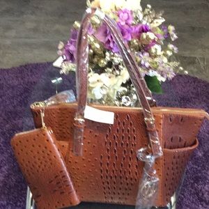 2 n 1 Cognac Croc and Alligator Handbag w/ Wallet